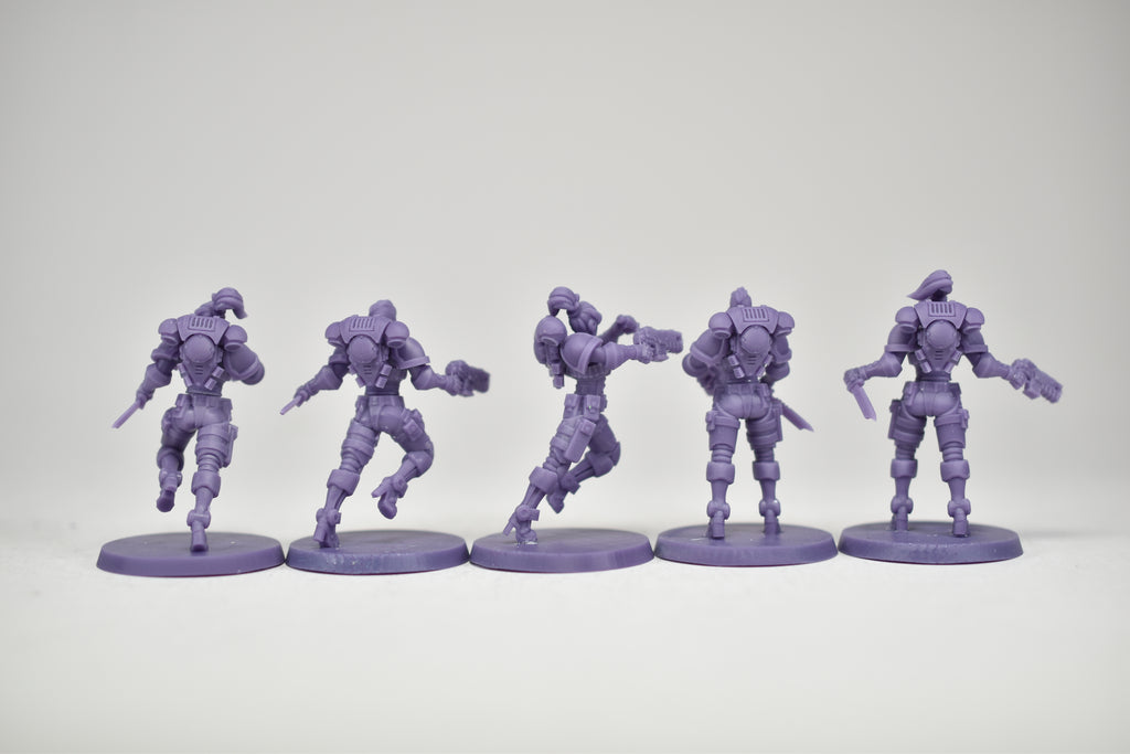 Female Space Warrior squad (10 models). 3D printed minis.